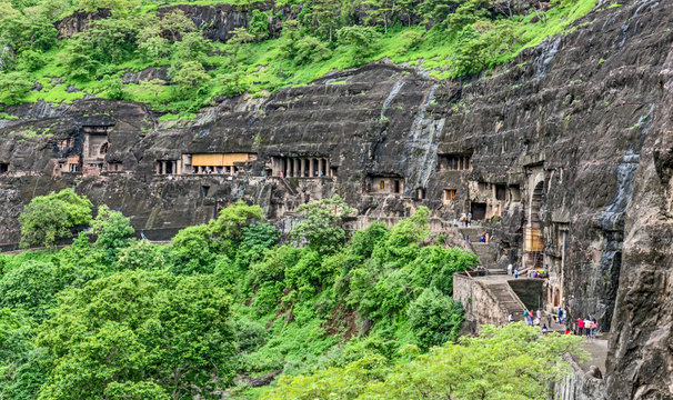 Panoramic view of Ajanta caves near Aurangabad, Maharashtra state in India. amazing site of ancient buddhist temples, carved in the rock as large caves. Started 2nd century BC. UNESCO World Heritage
