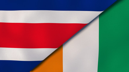 The flags of Costa Rica and Ivory Coast. News, reportage, business background. 3d illustration