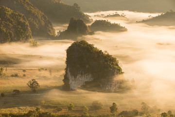 Fog on the hill at Phu Lung ka with sunrise in Phayao, Thailand.