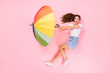 Top above high angle view full length photo of astonished crazy girl impressed parasol fly air wind...