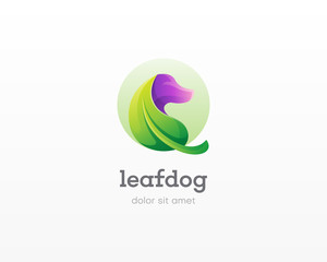 Creative combination leaf with dog vector logo.