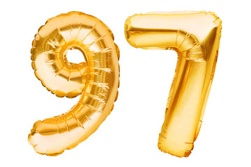 Number 94 ninety seven made of golden inflatable balloons isolated on white. Helium balloons, gold...