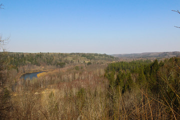 View at Gauja  national park in early spring. River that cross a nature reserve in Sigulda, Latvia.