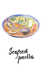 Watercolor illustration, seafood paella, spanish food, hand drawn illustration