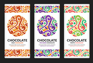 Fototapeta na wymiar Colorful packaging design of chocolate bars. Vintage vector ornament template. Elegant, classic elements. Great for food, drink and other package types. Can be used for background and wallpaper.