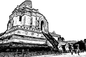 The ancient Thai architectural style, northern region of Thailand illustration creates a black and white style of drawing.