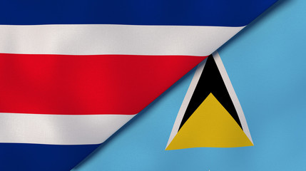 The flags of Costa Rica and Saint Lucia. News, reportage, business background. 3d illustration