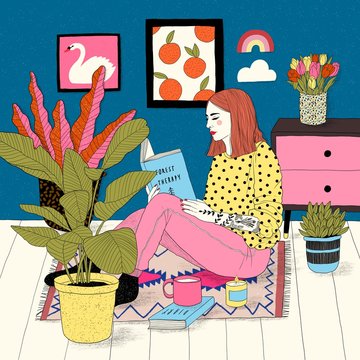 Illustration of woman reading book at home