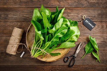 Fresh bundle of spinach on rustic wooden background