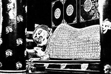 Ancient buddha statue  illustration creates a black and white style of drawing.