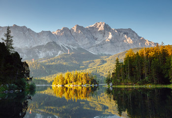 Famous alpine lake Eibsee. Location Garmisch-Partenkirchen, Bavarian alp, Europe.