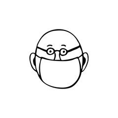 Hand-drawn bald man with glasses and a mask. Vector man illustration for web, booklets, flyers.