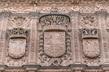 Plateresque style exterior facade of University of Salamanca. From patio de escuelas Square. UNESCO World Heritage Site. Salamanca, Spain.