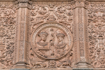 Plateresque style exterior facade of University of Salamanca. From patio de escuelas Square. UNESCO World Heritage Site. Salamanca, Spain.