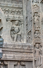 Ornate Sculptures and carvings outside Buddhist Caves at Ajanta, an UNESCO World Heritage site near Aurangabad in Maharashtra, India