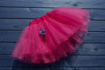 Pink tutu skirt for girl on blue wooden background.