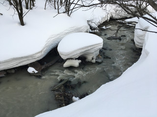 Snow-capped shores of the river. A thick layer of snow