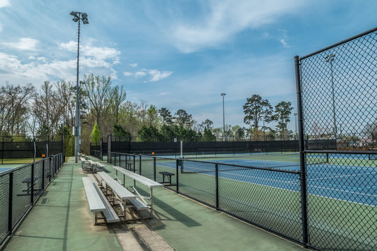 Empty bleachers at the tennis courts
