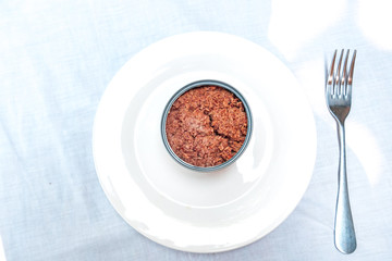 Tuna on a plate and a fork isolated in white.