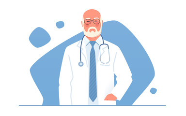 Vector illustration of an older physician, doctor, professor of medicine with stethoscope