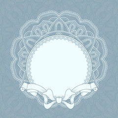 Vintage background with lace frame and ribbon for greeting card, invitation or announcement