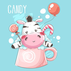 Cute zebra with candy background