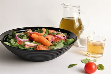 Mediterranean smoke salmon salad bowl healthy diet for lose weight nutrients from proteins and vitamins Antioxidants. photo isolate on white  copy space front view 