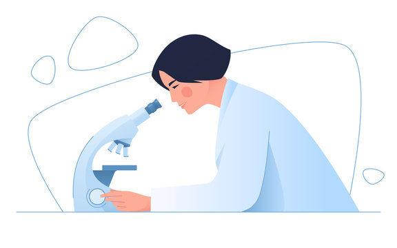 A Woman Medical Scientist In A Laboratory. Vector Illustration On The Theme Of Medicine, Science, Research, Microbiology