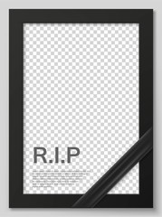 Funeral ceremony and condolence card layout. Rest in peace card. Funeral photo frame mockup with black ribbon. Black memorial frame with transparent place for portrait or text vector illustration.