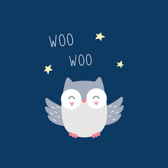 Cute magic owl, night bird, starry sky. Vector illustration for children.
