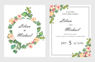 Fototapeta na wymiar Watercolor hand painted nature floral wedding two frames set with green eucalyptus leaves and pink blossom plumeria flowers names and save the date for invitations card with text and date