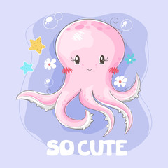 Cute octopus with flower and bubbles background