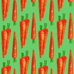 Carrot on a green background. Vegetable seamless pattern.