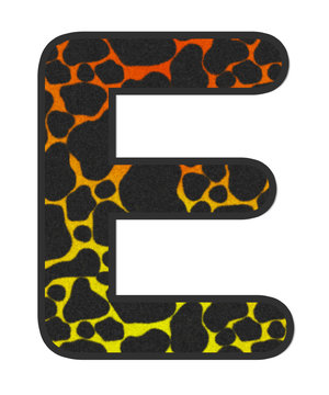 3D Giraffe Orange-Yellow print letter E, animal skin fur creative decorative character E, Cheetah colorful isolated in white background has clipping path dicut. Design font wildlife or safari concept.