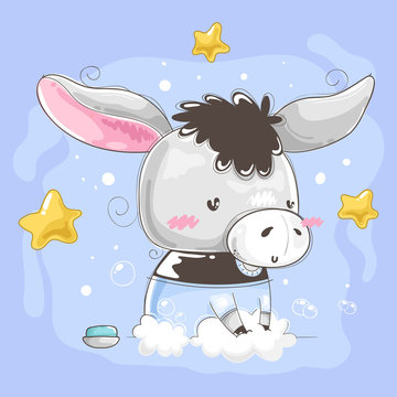 Cute donkey washing his hands and star