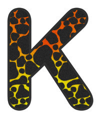 3D Giraffe Orange-Yellow print letter K, animal skin fur creative decorative character K, Cheetah colorful isolated in white background has clipping path dicut. Design font wildlife or safari concept.
