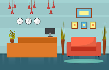 Fototapeta premium Hotel Check In Reception Desk Lobby Room Furniture Interior Illustration
