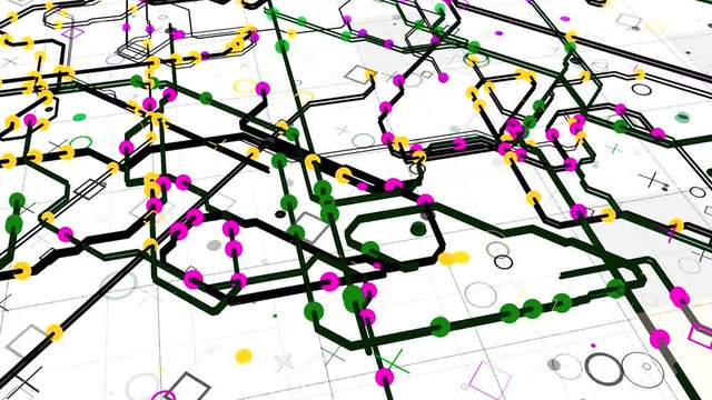 Color digital map of urban routes. Animation. Beautiful modern city map with colored roads and points on white background. Moving lines of urban traffic with signs on map