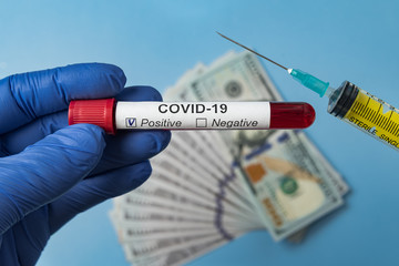 Naklejka premium Coronavirus blood test Concept. Blood samples and vaccine 2019-nCov. Cure Covid-19