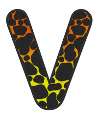 3D Giraffe Orange-Yellow print letter V, animal skin fur creative decorative character V, Cheetah colorful isolated in white background has clipping path dicut. Design font wildlife or safari concept.
