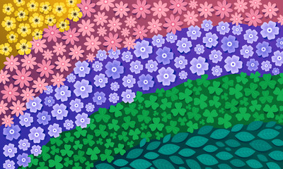 Vector illustration of multi-colored flower green pattern