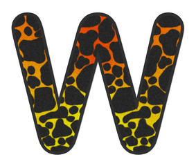 3D Giraffe Orange-Yellow print letter W, animal skin fur creative decorative character W, Cheetah colorful isolated in white background has clipping path dicut. Design font wildlife or safari concept.