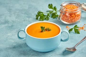 Red lentil soup. Traditional middle eastern, turkish , ramadan cuisine. Vegan food
