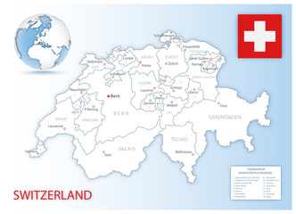Detailed Switzerland administrative map with country flag and location on a blue globe. Vector illustration