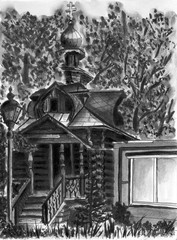Chapel in Sergiev Posad, ink and brush drawing