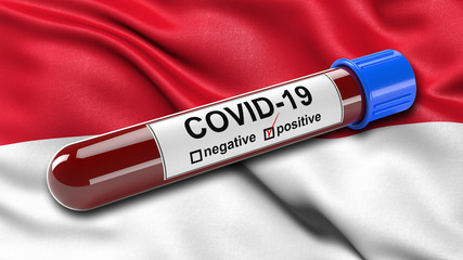 Obraz premium Flag of Indonesia waving in the wind with a positive Covid-19 blood test tube. 3D illustration concept for blood testing for diagnosis of the new Corona virus.