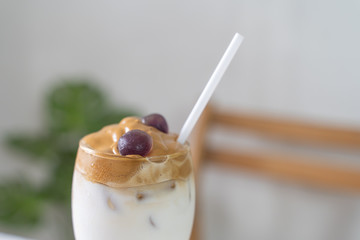Creative Cooking at home Korean coffee dalgona that is becoming popular bright color.