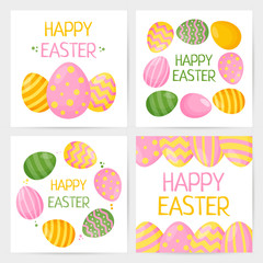 Сollection of postcards with colored eggs, easter cake, easter bunny, easter chick and the inscription 