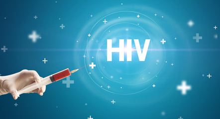 Syringe needle with virus vaccine and HIV abbreviation, antidote concept