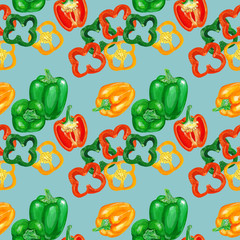 Bell pepper with slices. Vegetable seamless pattern.
